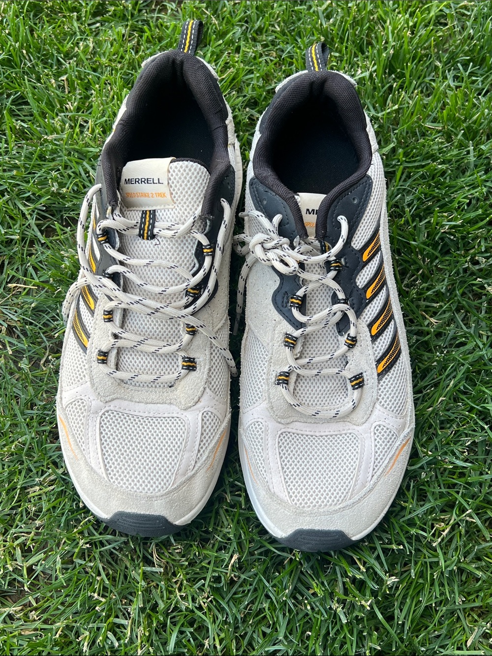 Merrell Beige and Black Trail Shoes with Yellow Accents